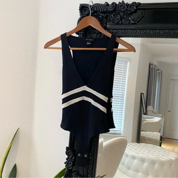 Revamped | Women’s Black Striped Plunge Ribbed Thong Bodysuit - Picture 1 of 4
